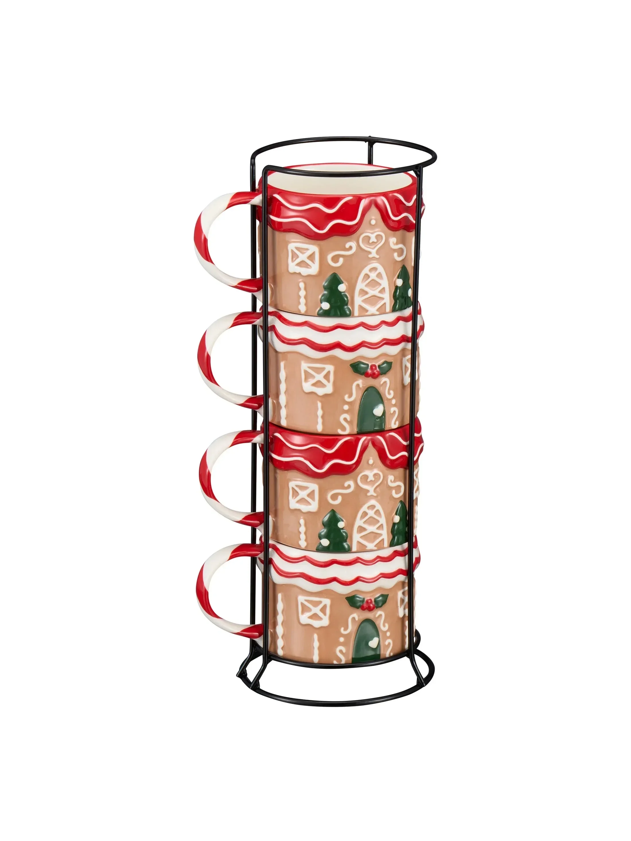 

12oz Gingerbread House Glazed Stoneware Ceramic Stacking Mug Set with Metal Rack