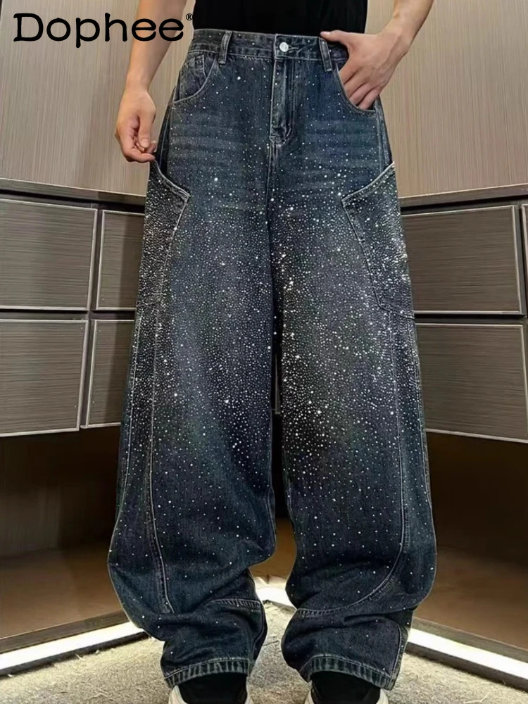 

Men's Gradient High-End Full Diamond Sparkling 3D Curved Jeans 2025 Autumn New Loose Comfort Light Luxury Straight Denim Pants