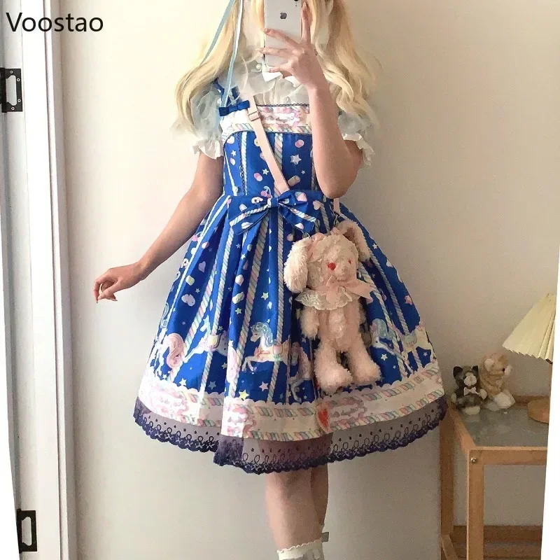 Japanese Sweet Lolita Jsk Dress Women Vintage Cute Sugar Horse Print Bow Party Dresses Girls Kawaii Blue Sleeveless Mini Dress