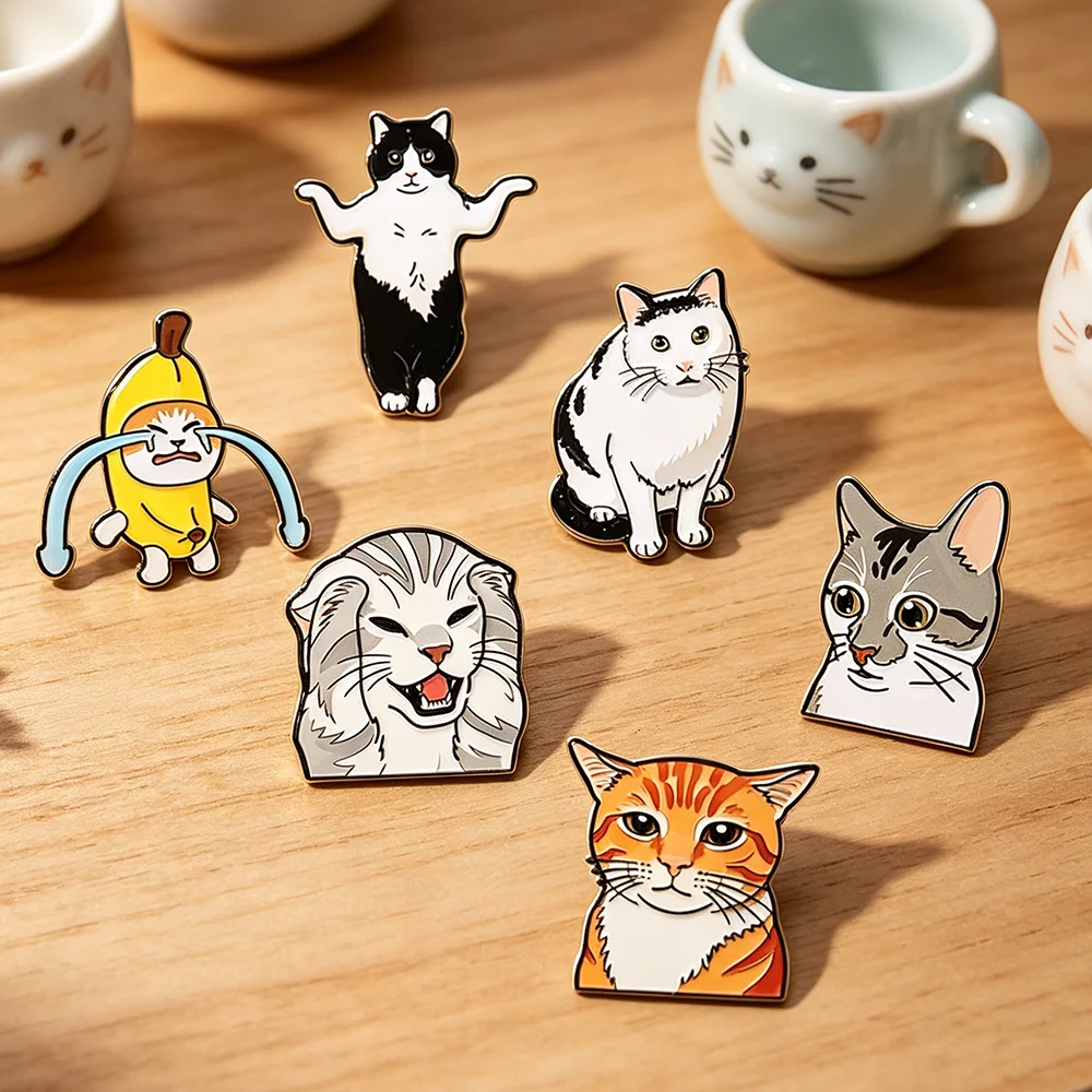 6pcs Funny Meme Cat Enamel Pin Collection Cute Quirky Cat Brooch Set Tabby Cat Lapel Pins for Backpacks Aesthetic Accessories