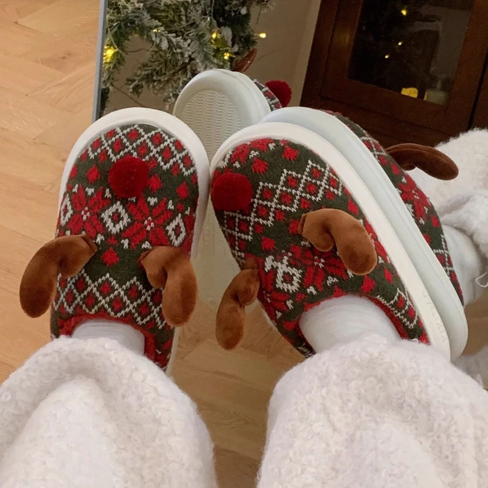 Kerst Elanden Pluche Slippers Platte Thermische Slippers Comfortabele Harige Rendier Slipper Cartoon Elanden Slides voor Mannen Vrouwen