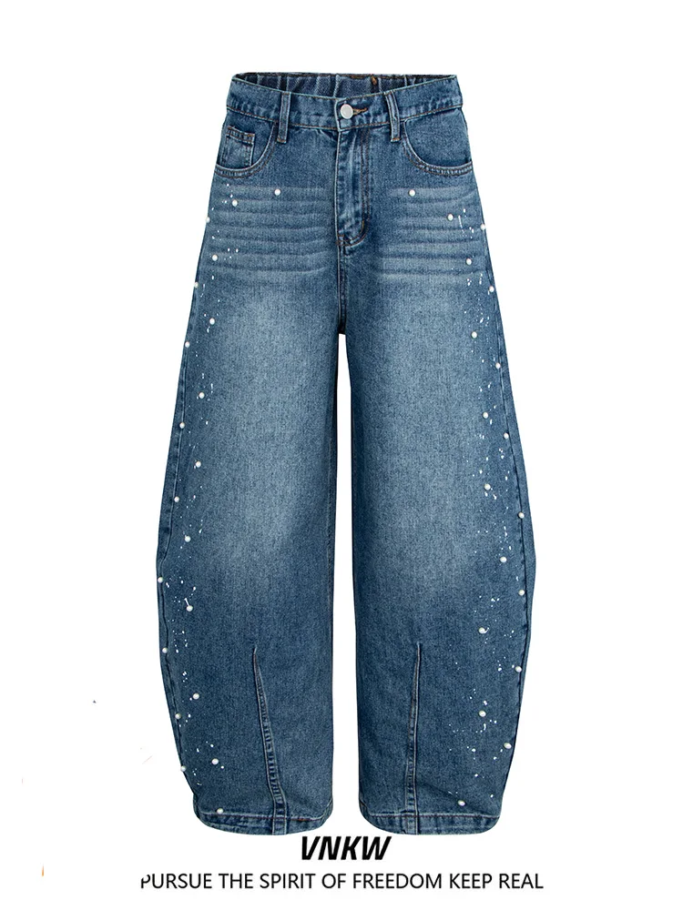 Retro American Handmade Rhinestone Pearl ape Jeans Men's Women's Deconstructed Haome Design Versatile Curved Knife Pants