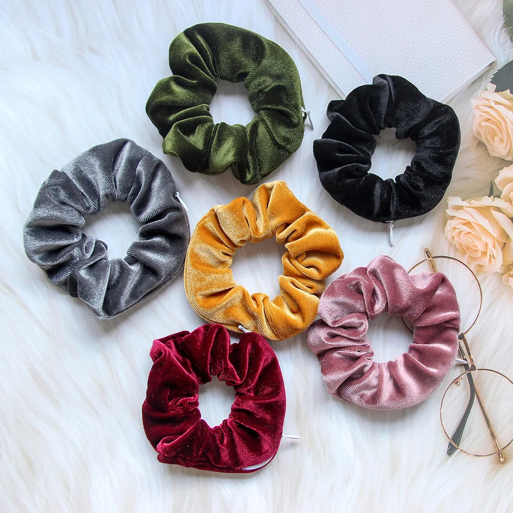 2024 Spring Sweet Zip Scrunchies Women Velvet Winter Hair Tie Pocket Hair Styling Chouchou Vintage Scrunchy Wholesale 4pcs/set