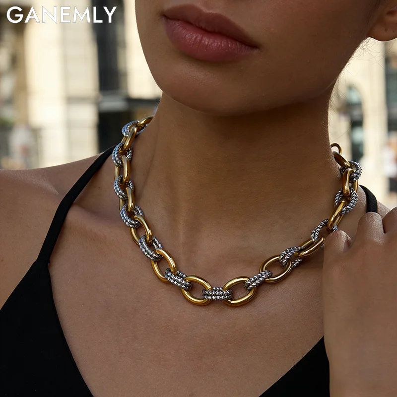 GANEMLY Hip-Hop-Halskette mit zweifarbiger ovaler Kette für Damen, 18 Karat Gold, PVD-beschichteter Edelstahl, Halskette, Schmuck, Geschenk