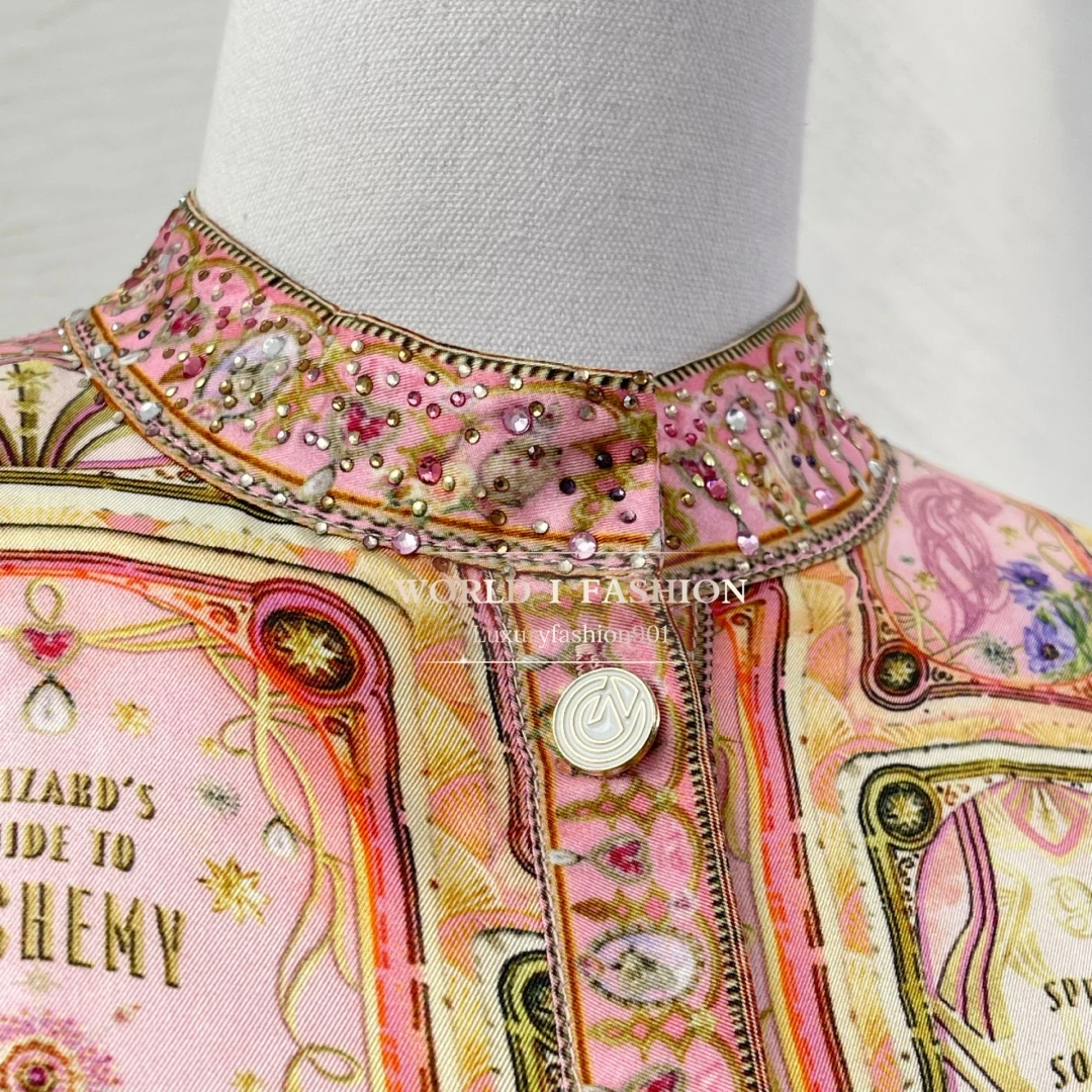 Set aus Blumenmuster, langen Ärmeln, Stehkragen, Blusen, Oberteilen und Hosen, Seide, 2025, hohe Qualität