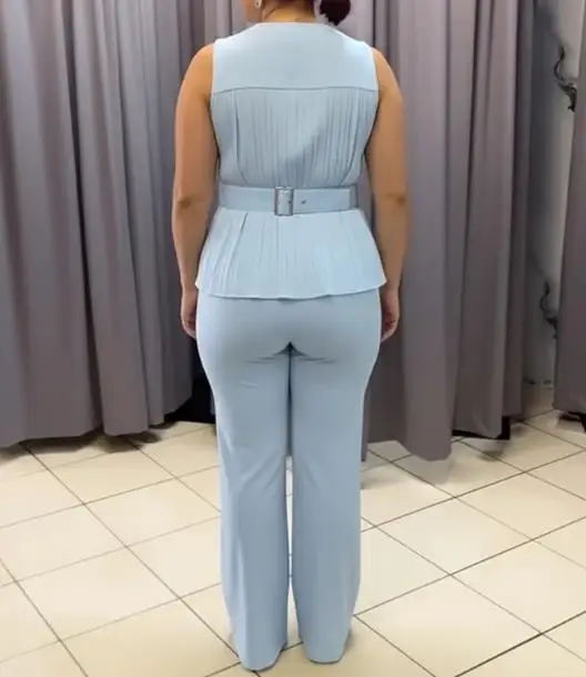 2025 الخامس الرقبة زر الجبهة غير المتكافئة مطوي تصميم دعوى سترة و عالية الخصر مستقيم الساق السراويل مجموعة لبدلة نسائية أنيقة #5