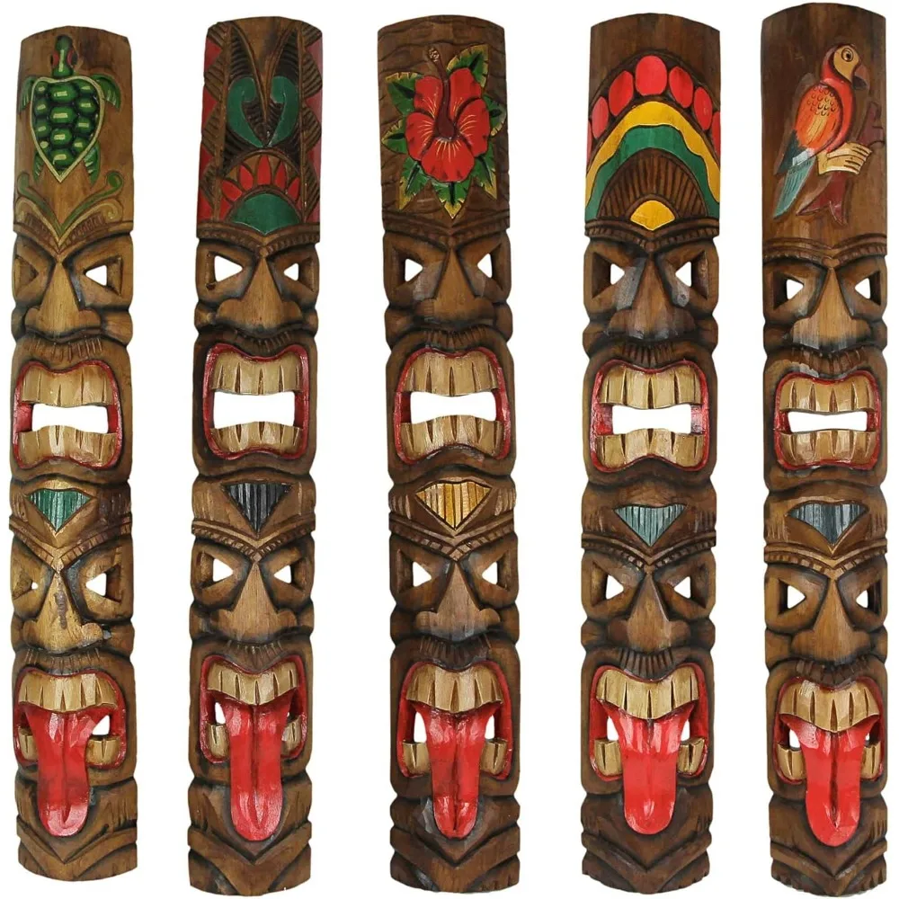 Set Van 5 Prachtige Met De Hand Gesneden Dubbele Tiki-Masker Totem Muursculpturen, 40 Inch Hoog, Gemaakt Van Duurzaam Hout