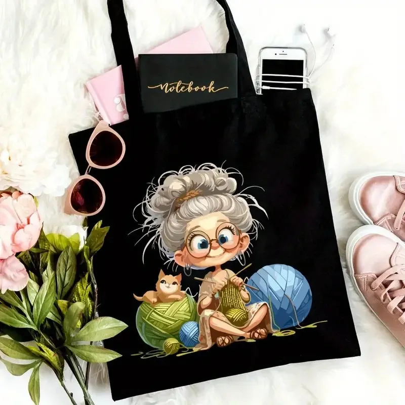 Aesthetic Crochet Grandma Canvas Handbag - Cute Yarn Ball Print Eco-Friendly Reusable Shoulder Bag, Durable Cotton Shopping Bag