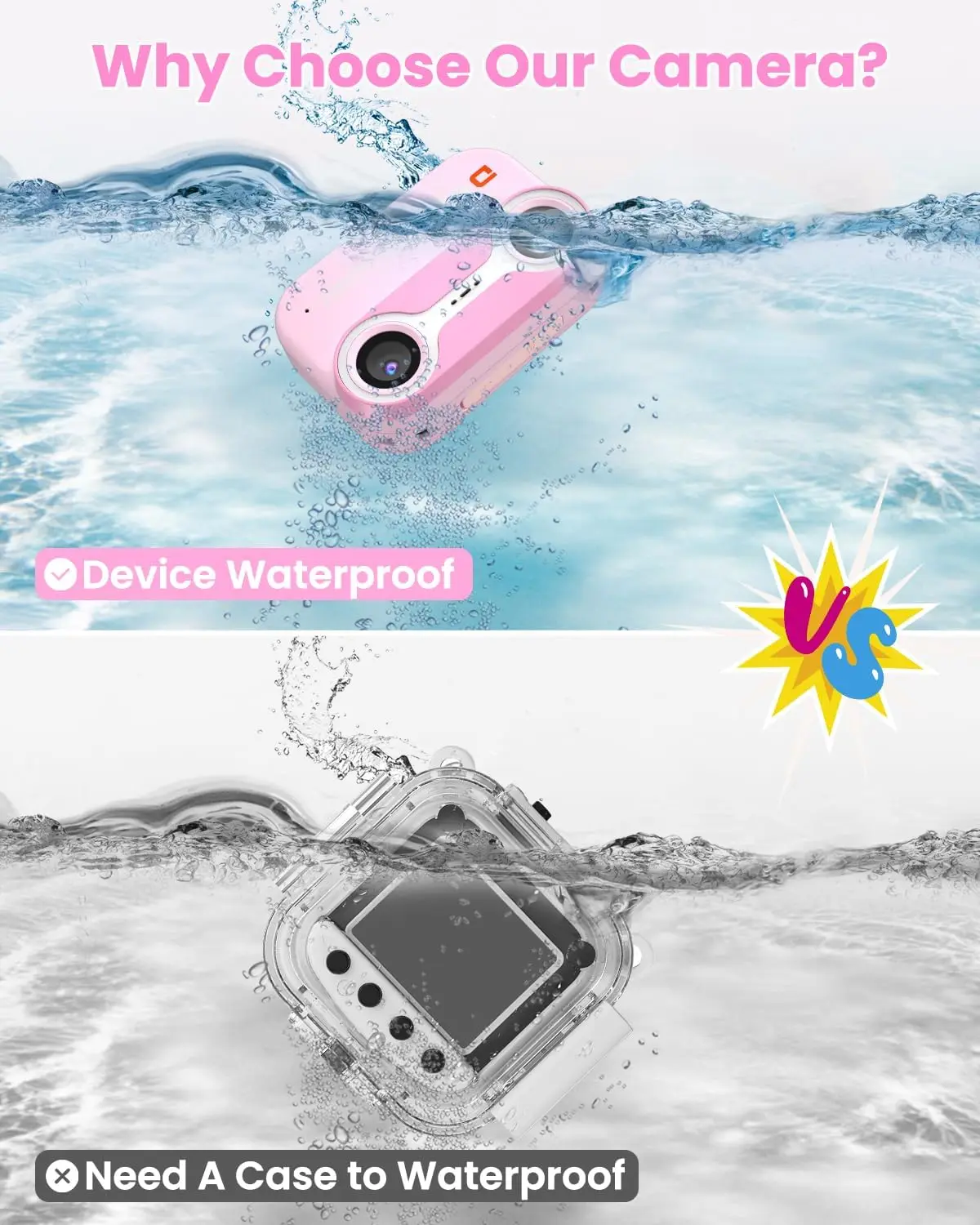 Fotocamera subacquea da 10 piedi per bambini, videocamera 1080P per lo snorkeling, regali di compleanno di Natale, fotocamera digitale per piscina con 32G