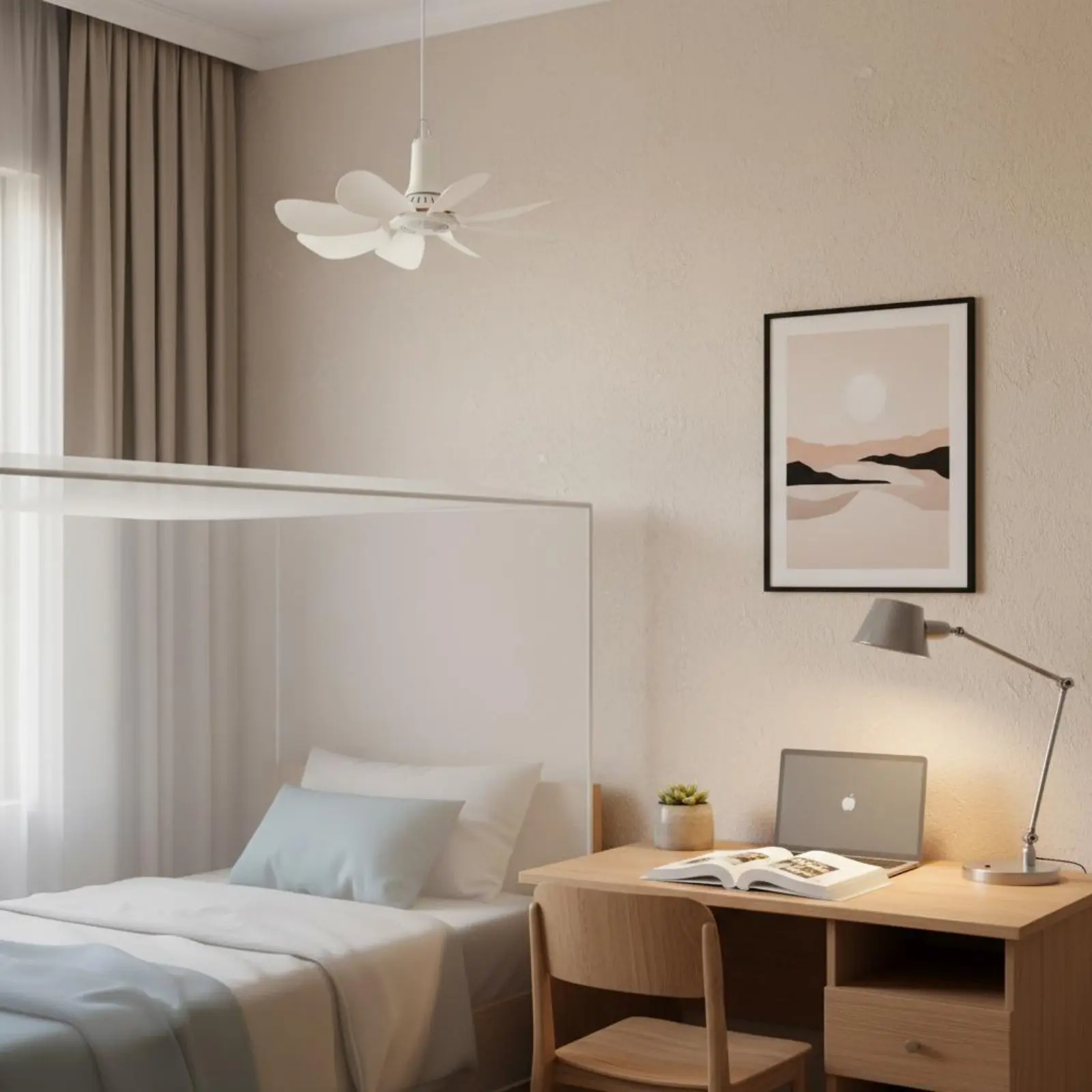 Mini Ceiling Fan Strong Wind 8 Blade Hanging Fan Home Appliance Soft Breeze Quiet for Students, Bed Canopy, Dorm Room