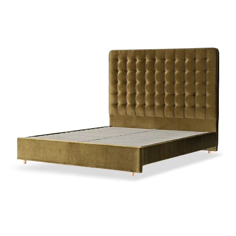 French light luxury fabric bed, cream style, simple retro, velvet soft bag double bed, square pull button