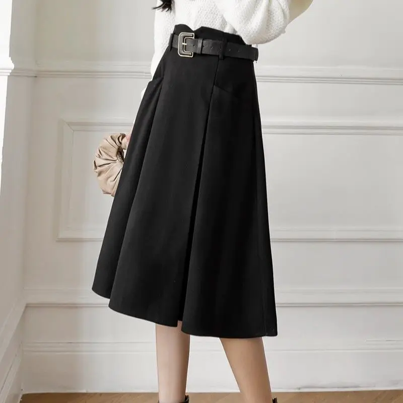 Simplicity Office Lady Autumn New Women\'s Elastic High Waist Solid Pocket Plaid Korean Fashion Sweet Slim Mid-leng A-line Skirt