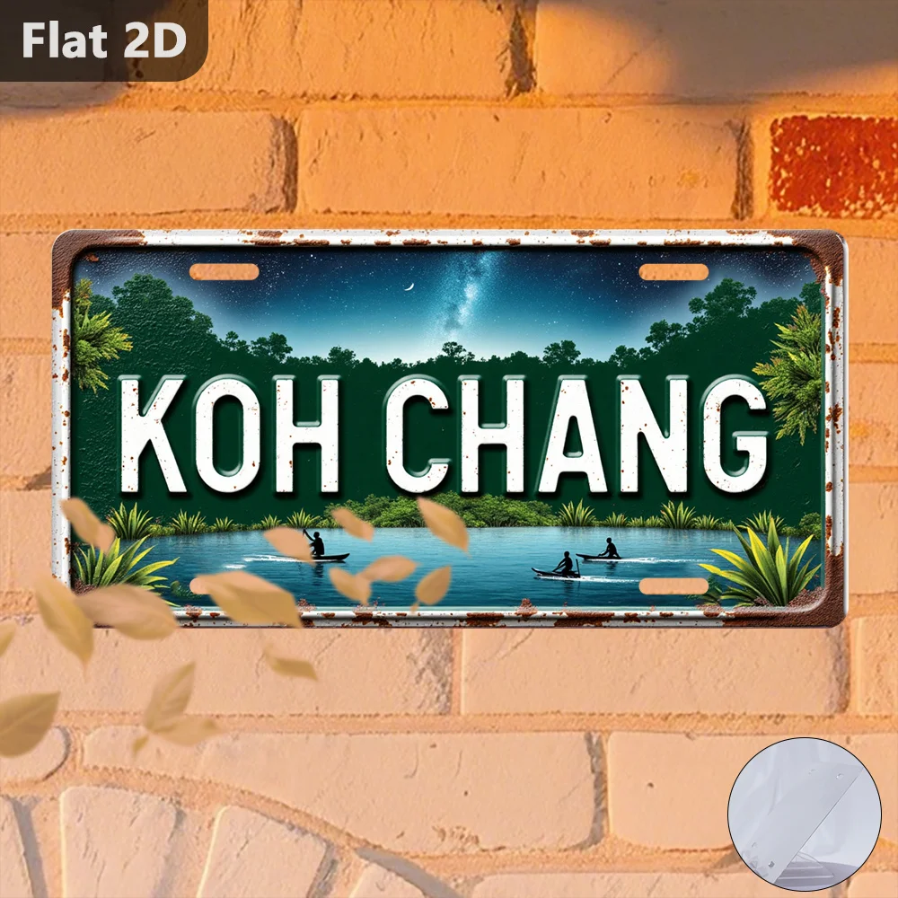 2D Flat, 1pc Koh Chang Island Thailand License Plate - Vintage Thai License Plate Design with Koh Chang Island Map, Boats & Palm