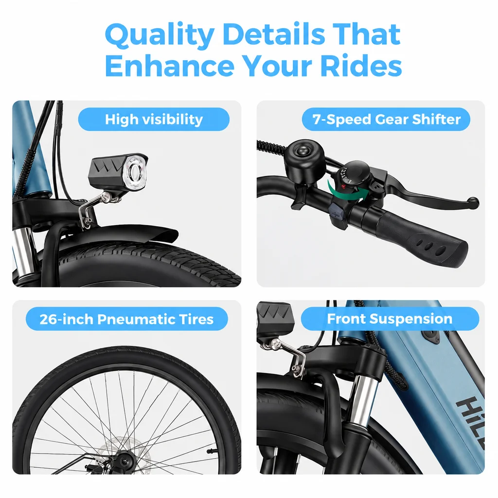 Bicicleta eléctrica urbana MileCity 1 de 26" de la marca HillMiles, con motor de 250 W, batería de 36 V y 13 Ah, gran autonomía de 100 km, velocidad máxima de 25 km/h, 7 velocidades y frenos de disco, ideal para paseos urbanos y excursiones de fin de semana.