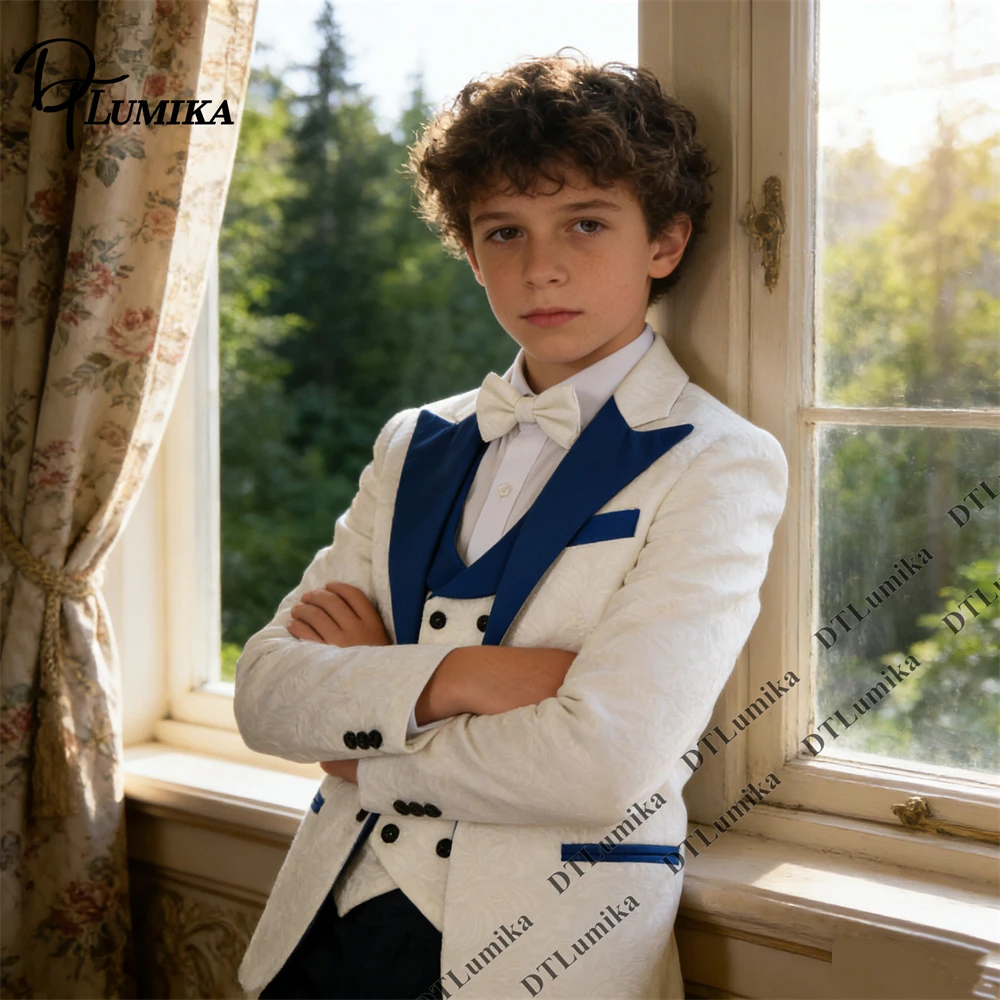 DTLumila - 2026 Boys' White Tuxedo 3 Piece Blue Shawl Collar White Bow tie Vest & Slim Fit Formal Flower Boy Suits for Birthday