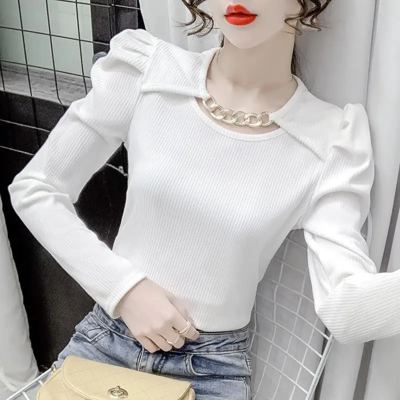 

Korean Chic Chain Spliced Solid Color Tops Autumn Women's Clothing Casual Puff Sleeve Slim All-match O-Neck T-shirt Pullovers