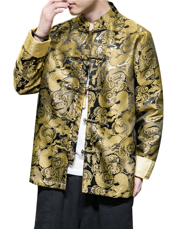 

Men's Autumn Winter New Sle Feng Long Pao Embroidered Improved Tang Suit Jaet Collar Vintage Button Outerwear Coat