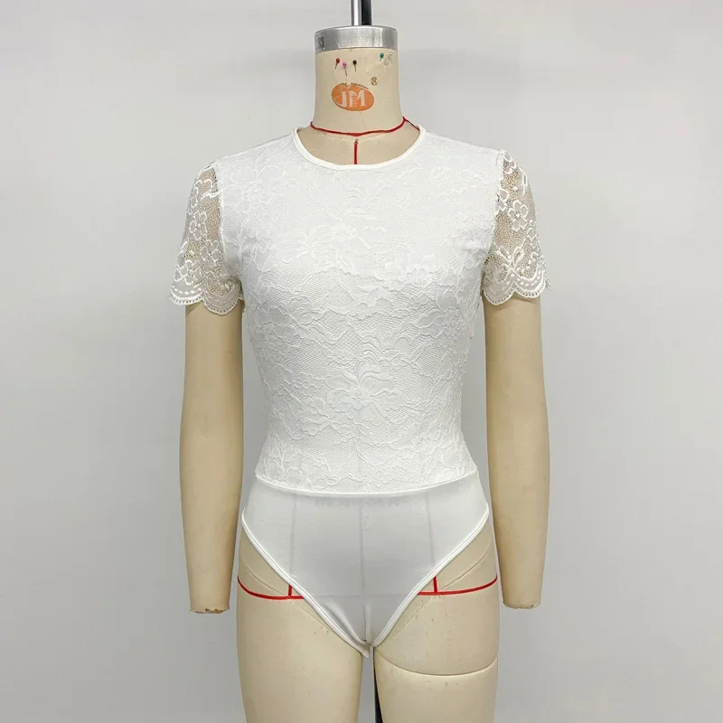 Bow Tie Backless ลูกไม้สีขาวผู้หญิงฤดูร้อนแขนสั้น O-คอยืดหยุ่นสูงผู้หญิง One Piece Street Tops