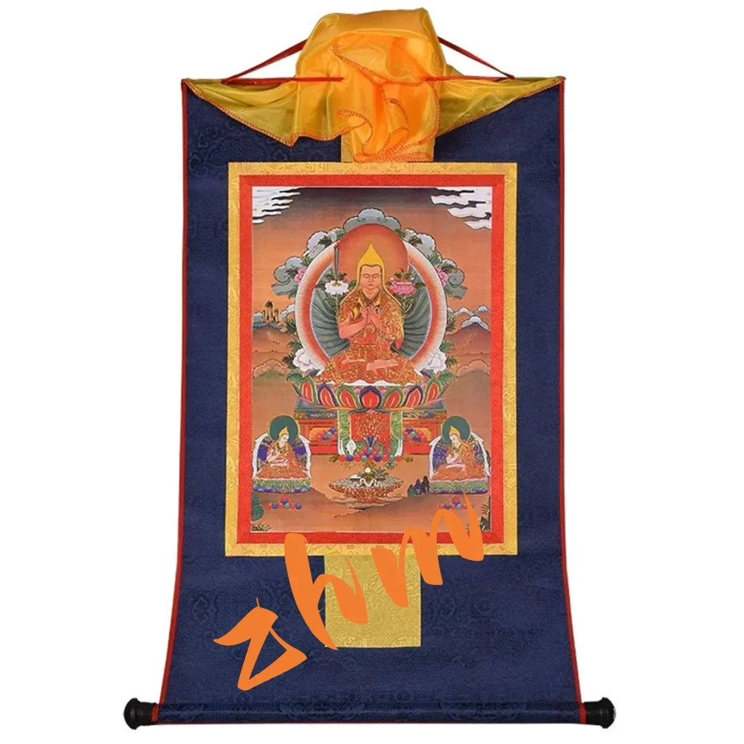 Tibetan Thangka Tsongkhapa Master Three Deities Gold Gilt Scroll Wall Art Decor