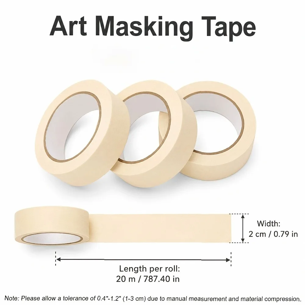 3 Rolls Beige Artist Masking Tape 0.79in×20m, Hand-Tearable Watercolor Painting & Spray Paint Craft Tape, No Residue