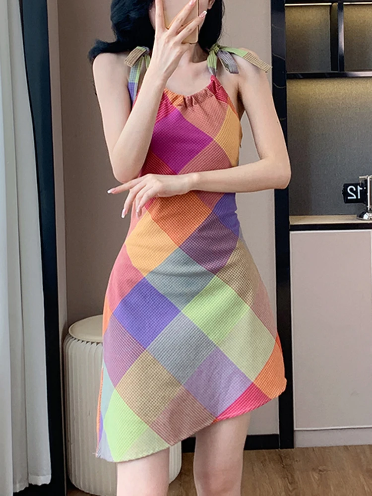 

Colorful Plaid Contrast Diagonal Edge Hanging Neck Strap Irregular Design Dress New Summer Women's Clothing Sleeveless Fashion