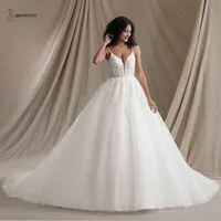 BEPEITHY Customized Deep V Neck Ivory Wedding Dresses For Women Bride 2024 Sleeveless Glitter Bridal Gown Vestidos De Novia