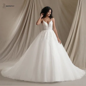 Bepeithy personalizado profundo decote em v marfim vestidos de casamento para noiva feminina 2024 sem mangas glitter vestido de noiva novia