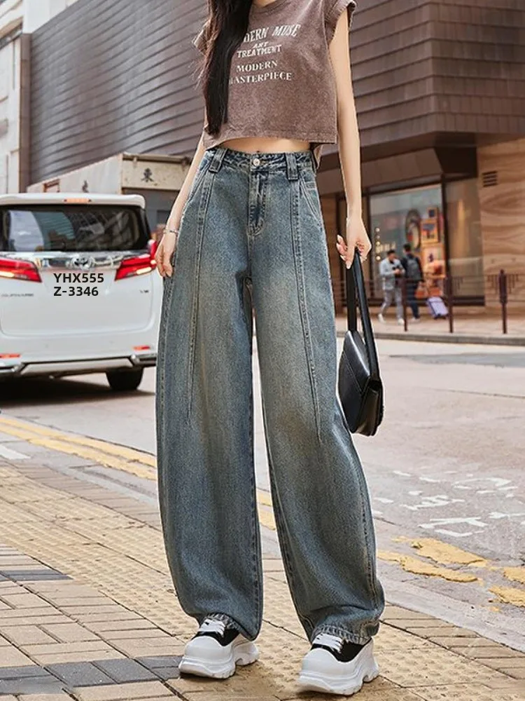 

Джинсовые брюки с высокой талией, женские свободные драпированные брюки в стиле ретро, широкие брюки с изогнутыми ножками, весна-лето, Новое поступление