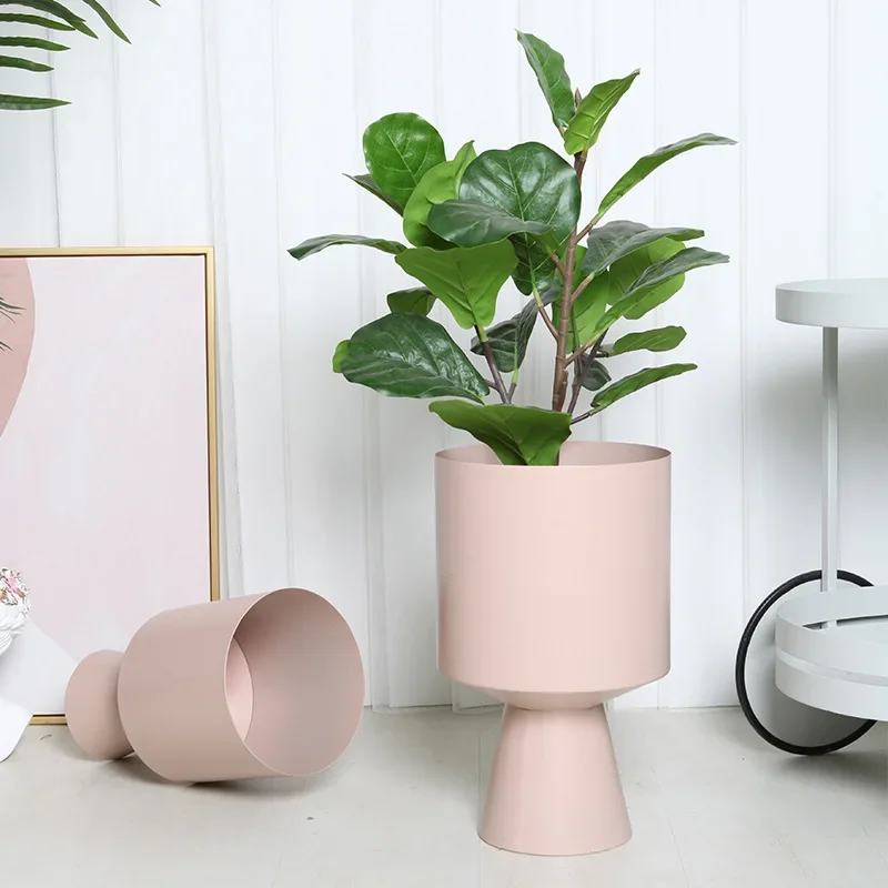 

Simple Iron Plant Pot Pink Modern Living Room Decorative Flower Ware Round Bucket for Green Plants Stylish Decor Durable Design