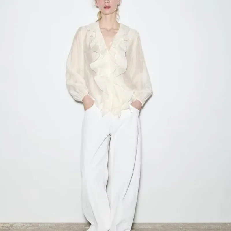 

European and American style spring new temperament versatile V-neck layered ruffled long-sleeved casual shirt