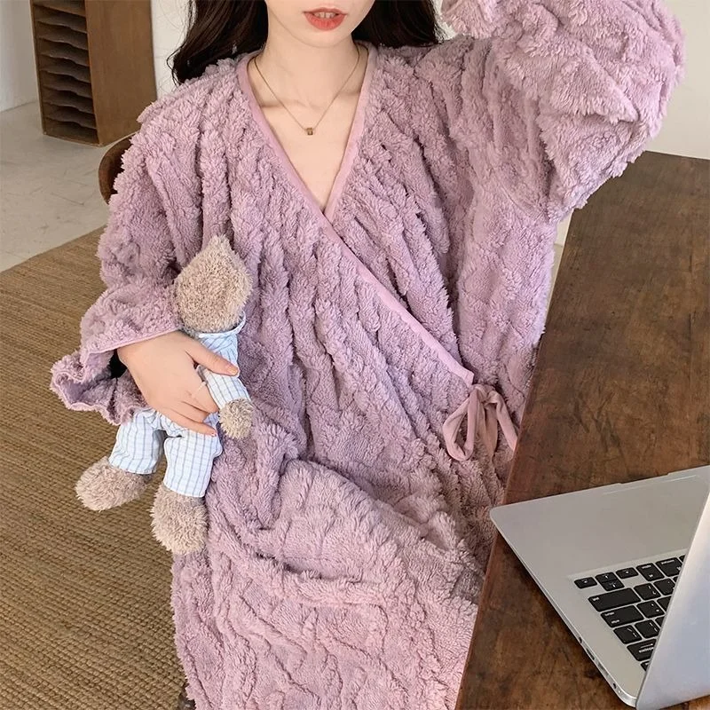 Maiden Jacquard Pattern Coral Fleece Spring  Autumn Payment Above The Knee Princess Home Dress Bathrobe Women Nightdress