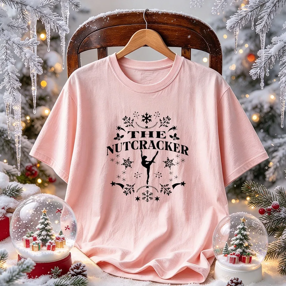 The Nutcracker Graphic Tee Ballerina Silhouette Snowflake Print Christmas Ballet Performance Casual T-shirt Dancer Gift Tops