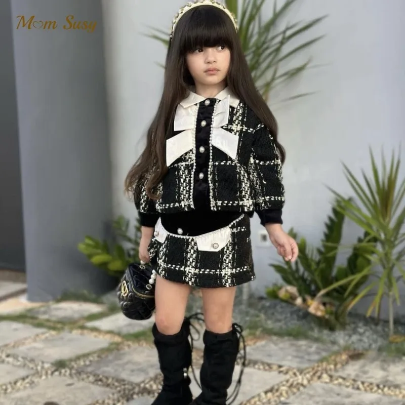 

Baby Girl Princess Elegant Plaid Clothes Set Bow Jacket+Skirt 2PCS Child High Quality Clothing Set Birthday Baby Clothes 1-10Y