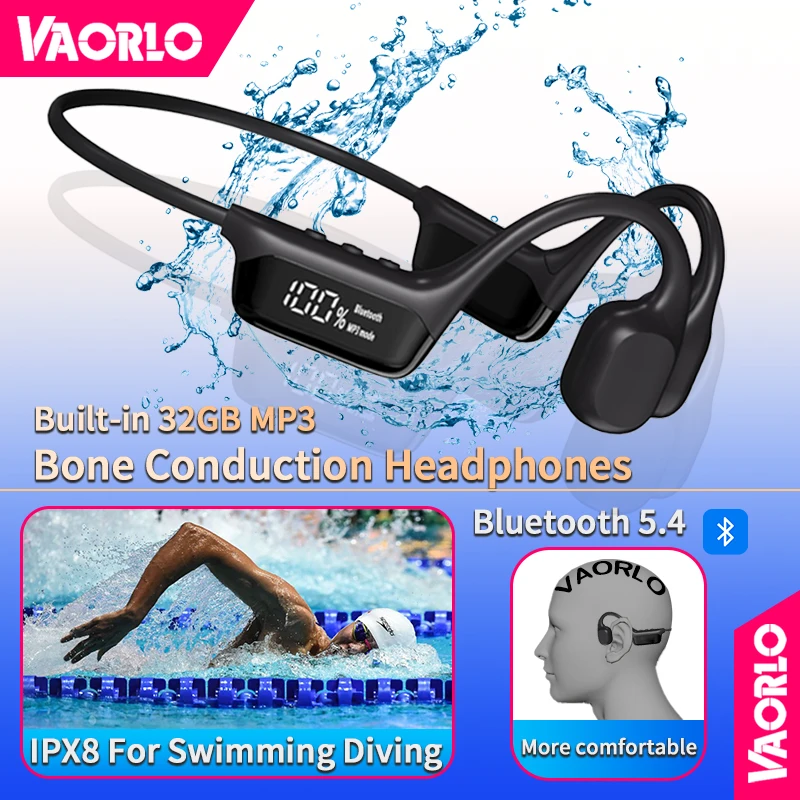 Bluetooth 5.4 True Bone Conduction Headphones IPX8 Waterproof Built-in 32GB Memory MP3 3D Stereo LED Display For Swimming Diving