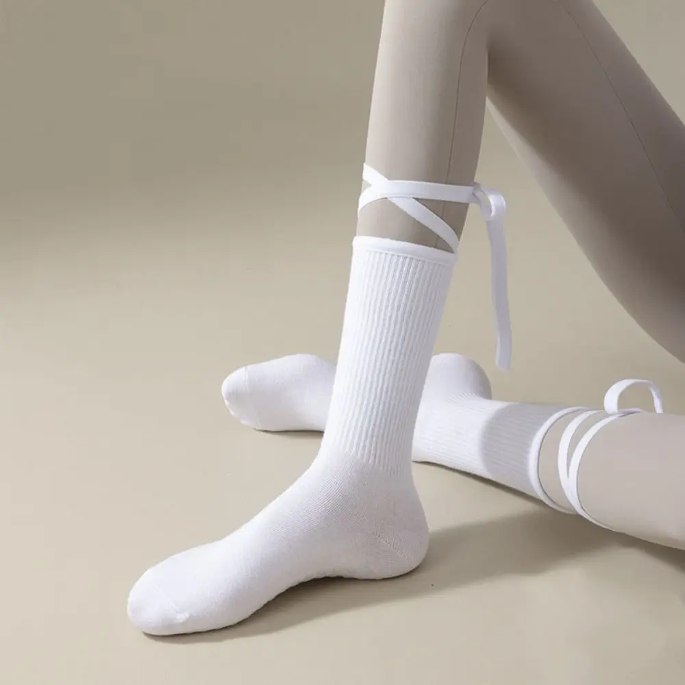 

Silicone Dots Lace-up Yoga Socks Cotton Mid-calf Pilates Socks Women Professional Anti Slip Mid Length Socks Barre Workout