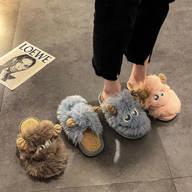 Disney winter Sullivan cute warm home women's shoes cartoon hair monster non-slip thick-soled plush cotton slippers