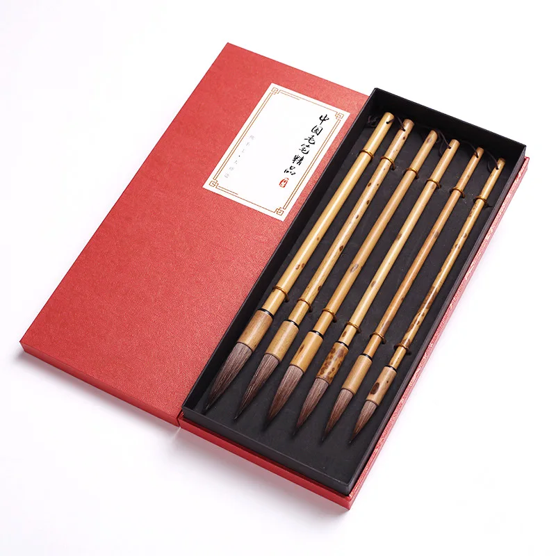 6PCS Chinese Calligraphy Paint Brush Pen Set Rat Whiskers Bamboo Holder Gift Box Painting Brush For Gouache Wash Art Supplies