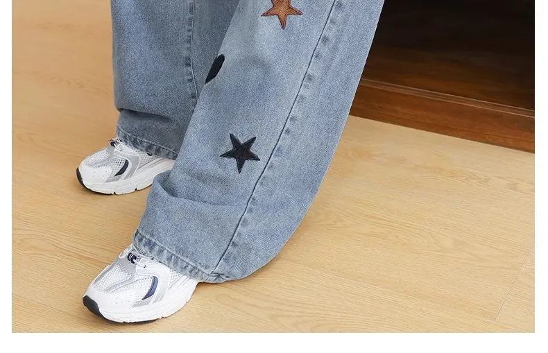 Frühling Herbst Neue Mädchen-Jeans mit Stickerei, Fünfzackiger Stern, Weite Hosen für 3-12 Jahre alte Teenager-Mädchen, Stylische Denim-Hosen mit weitem Bein – Detail 13