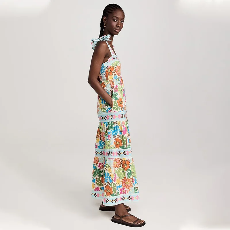 Verão 2025 cintura alta floral impressão feminina dr svel nel vestido de saia completa commute sle nuvem vermelha material de seda