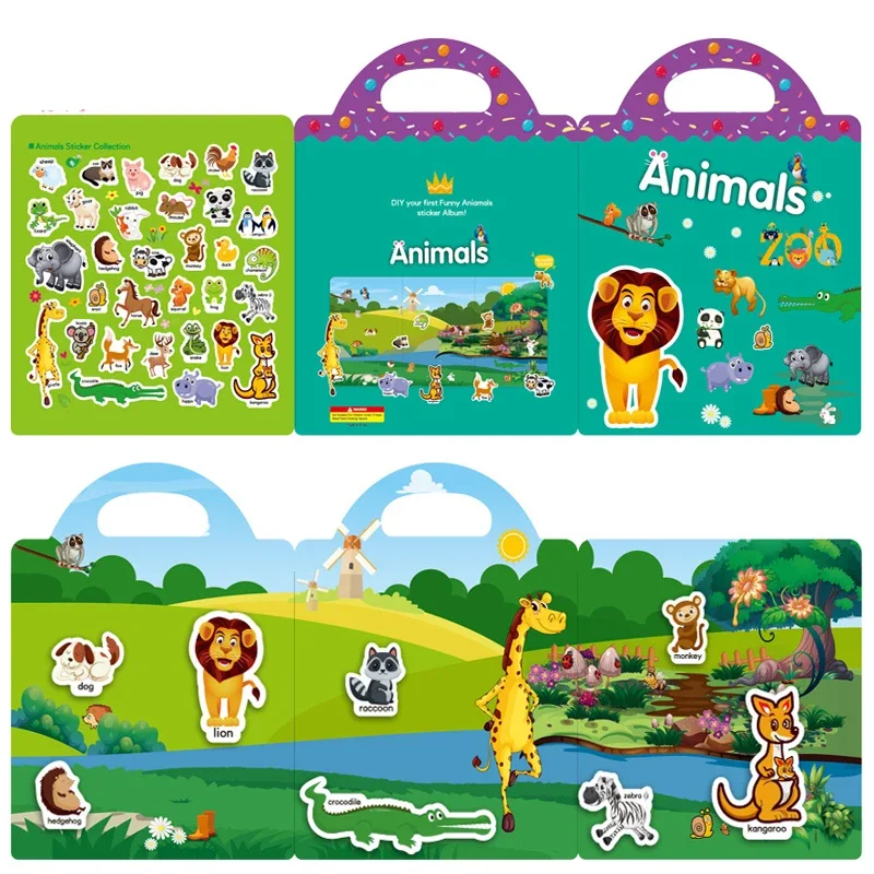 Children Reusable Sticker Book DIY Puzzle Wholesale Early Educational Concentration Cultivation Animal Dinosaur kid Stickers toy