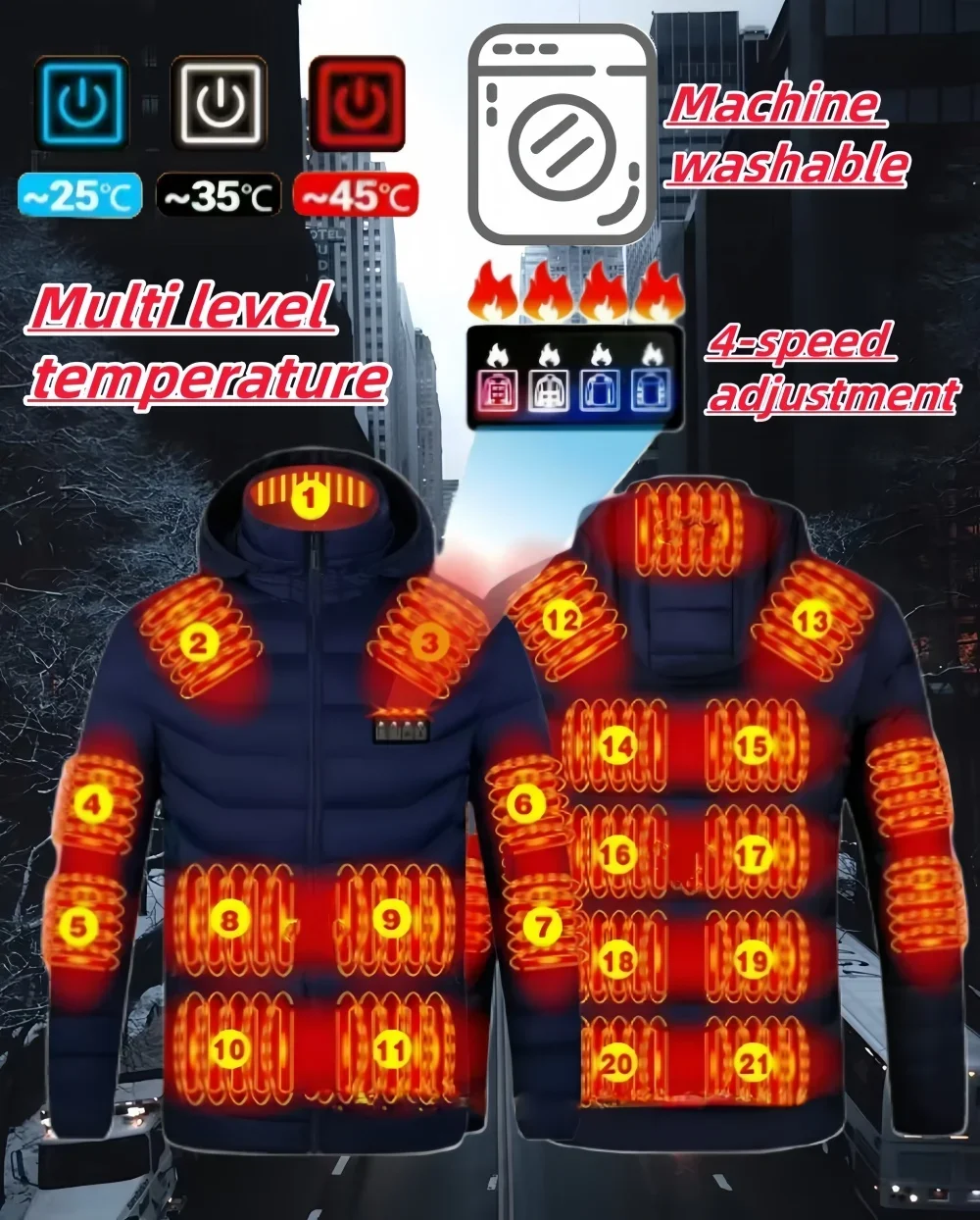 USB 21/23/25  Multi-zone Heating Clothing Fashion Hooded Coat Winter Cold Warm Tooling Jacket Simple Solid Color Men\'s Clothing