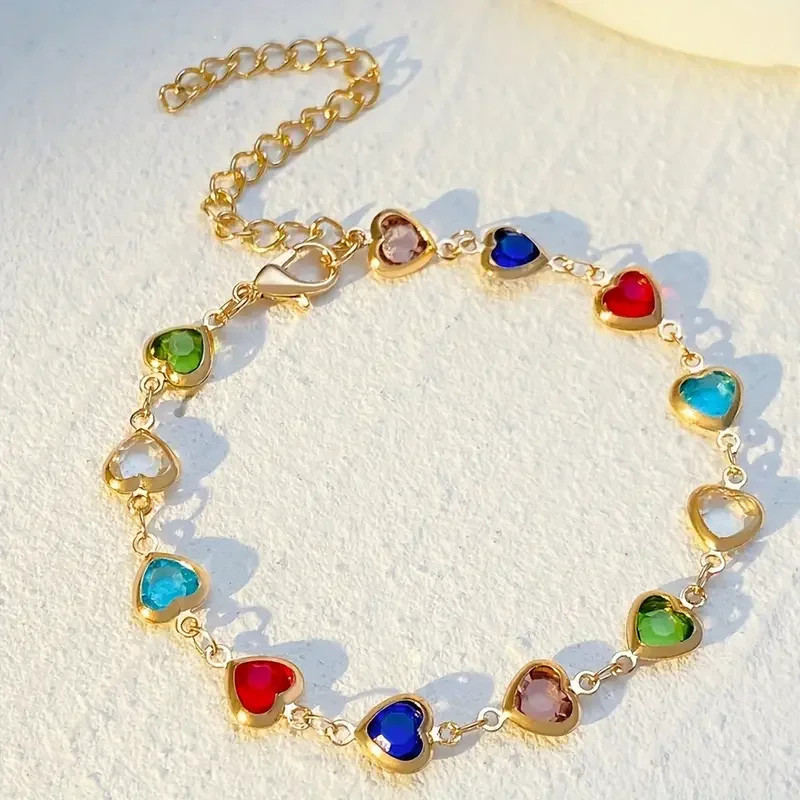 Colorful Faux Crystal Heart Charm Bracelet Gold-Tone Alloy Adjustable Chain Romantic Jewelry Gift for Women Daily Wear