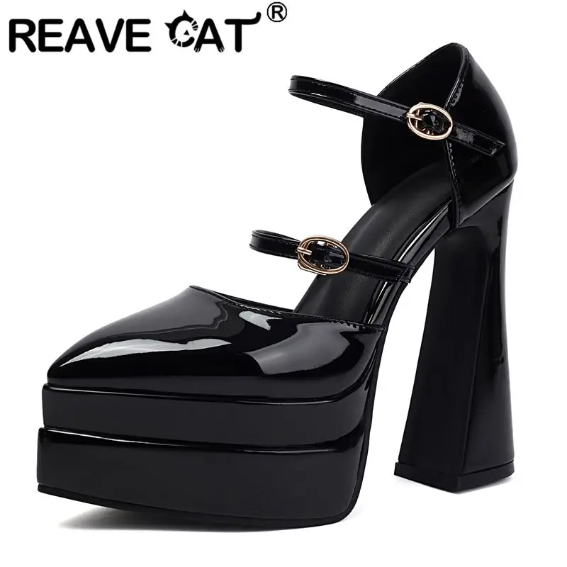 

REAVE CAT 2025 новые стильные женские босоножки с острым носком, сверхвысокий каблук 13,5 см, платформа, пряжка, ремешок, большие размеры 41 42 43