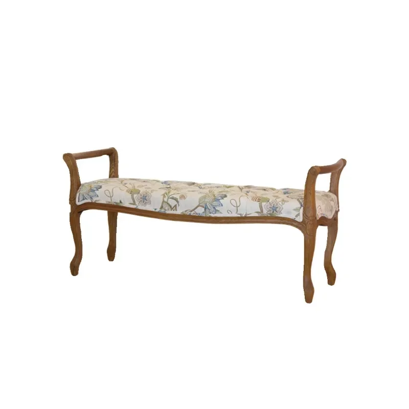 

North American country fabric bedside stool solid wood carving pattern shoe changing stool