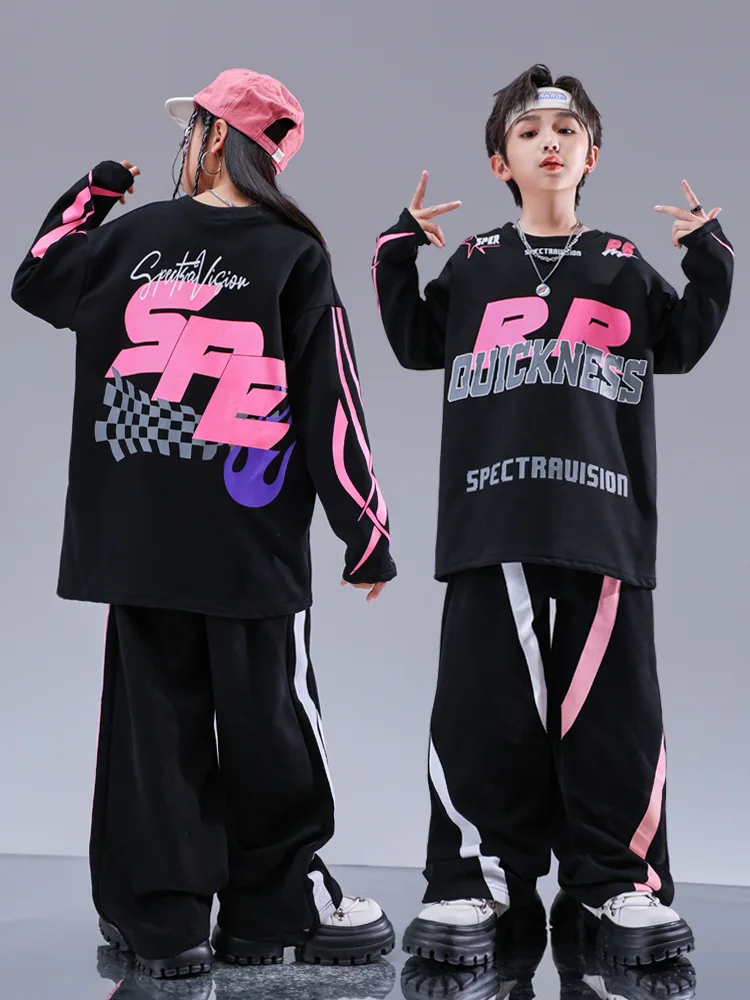 

Kid Hip Hop Clothing Black Rose Letters Crop Top Sweatshirt Striped Casual Wide Sweat Pants for Girl Boy Dance Costumes Clothes