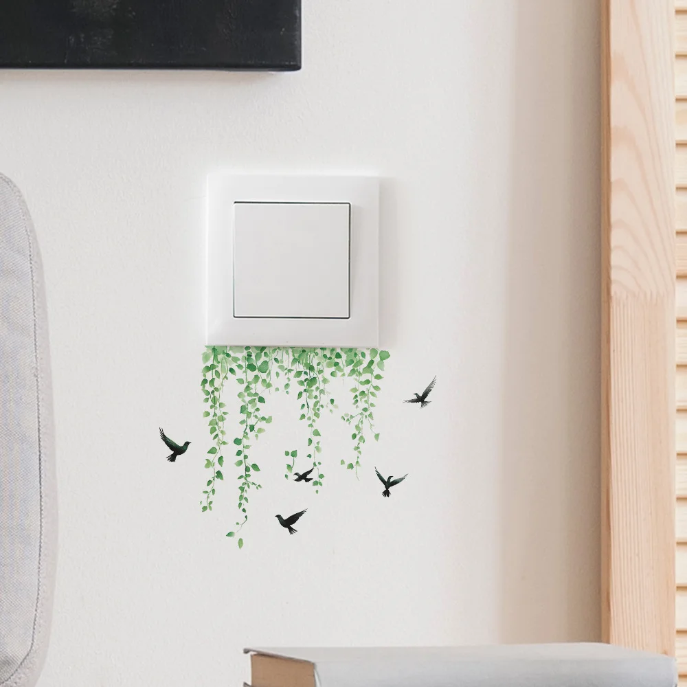Cartoon Green Leaf Vogel Schalter Aufkleber für Wohnzimmer Schalter Dekoration Wandtattoos Schlafzimmer verschönern Dekor selbstklebende Wandbild