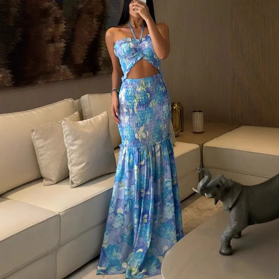 

2025 Fashion High Waist Hollow Dress Women Back Lace-Off Printed Sling Long Skirt Women Floor Dress Summer Casual Pleated Skirt