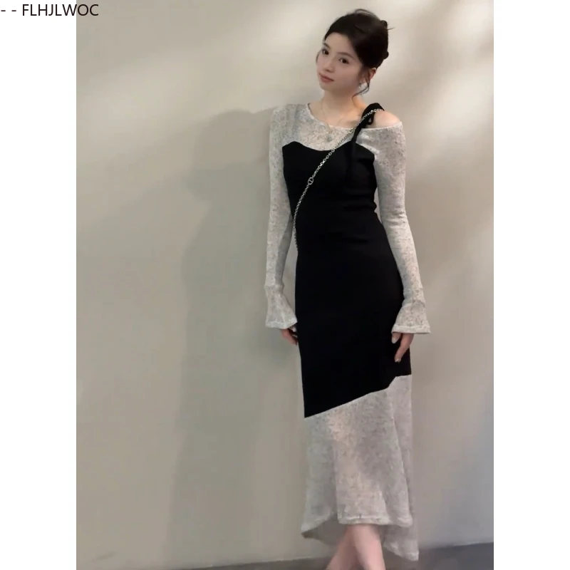 エレガントなフィッシュテールロングドレス 2025年秋新作 ファッション シックなフレンチスリムフィット トランペットスリット入りフェイクツーピース ボウタイ付きTシャツドレス