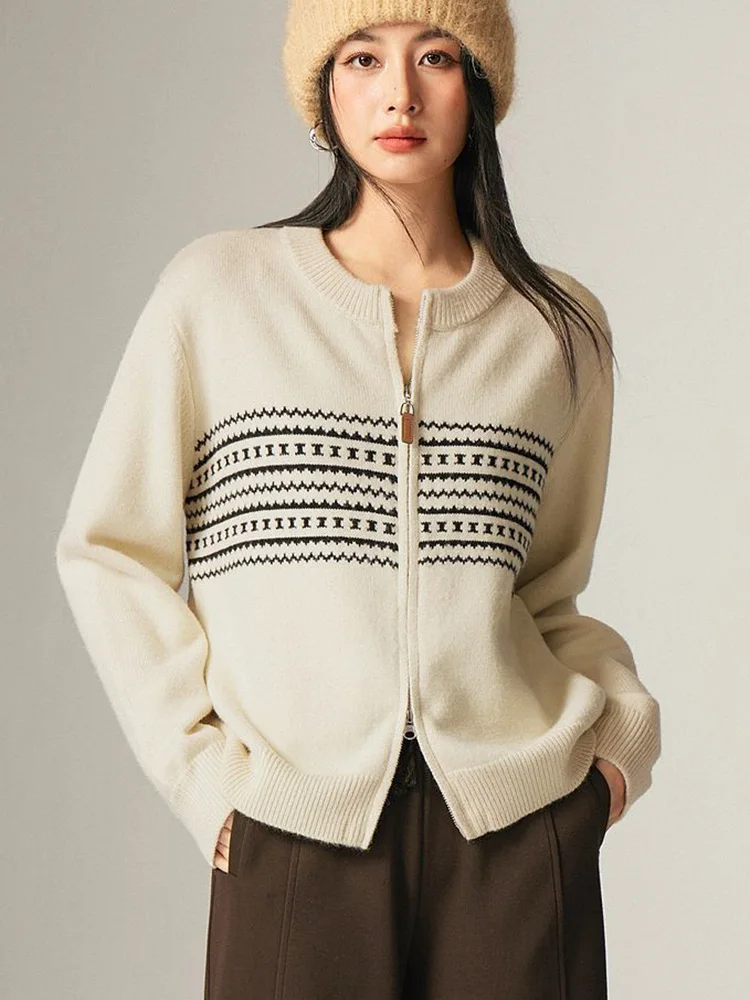

Print Vintage Cardigan Women O Neck Korean Loose Long Sleeve Knitted Sweaters Retro Streetwear Casual Double Zipper Fall Tops