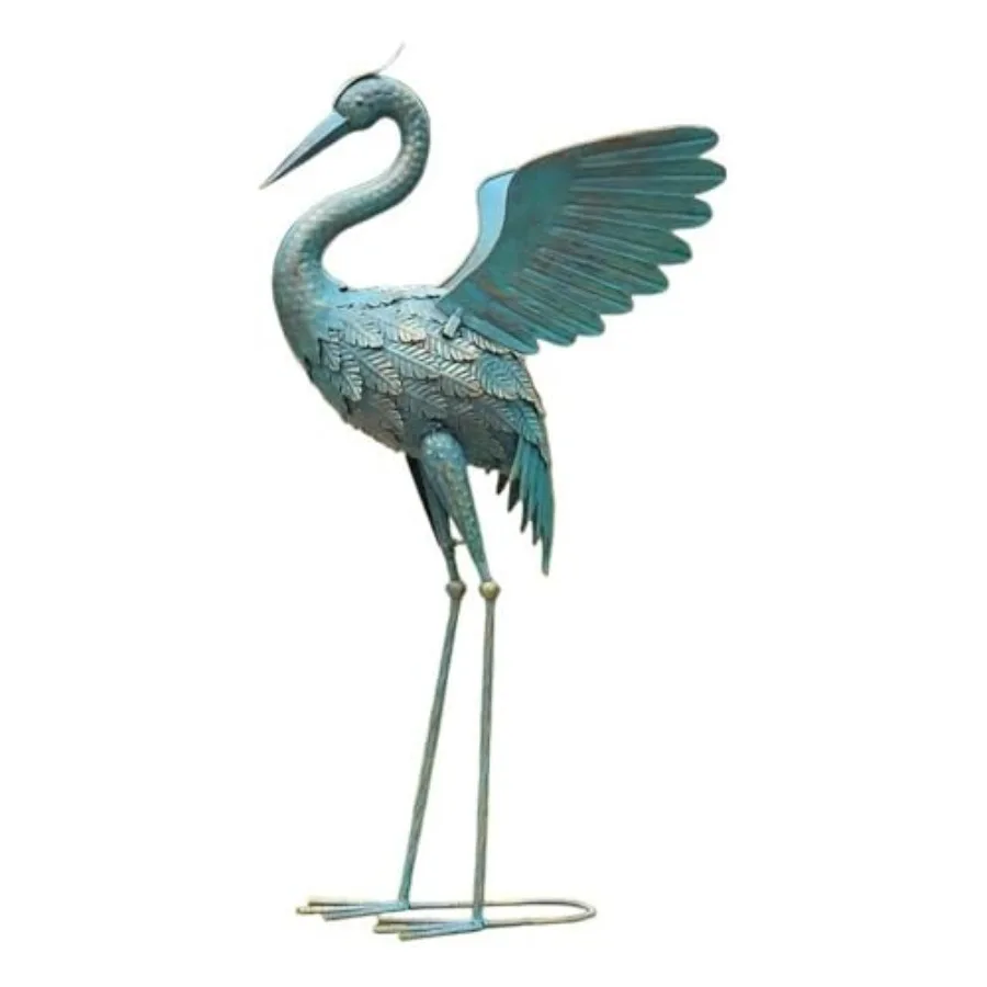 Modern Blue Metal Crane Garden Sculpture 33.37 in Height Weather-Resistant Finish Artistic Handcrafted Design Elegant Home or O